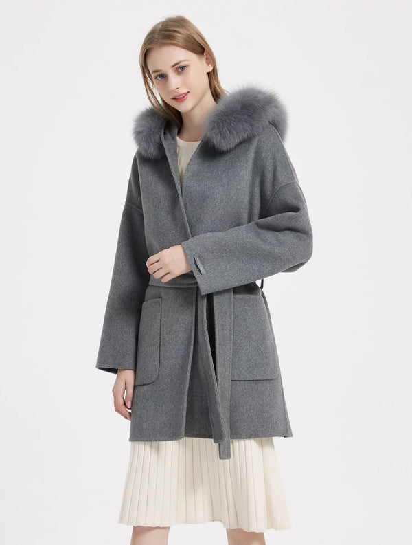 ZABRI Winter Collar belt women's  cashmere wool coat with Fur Hood