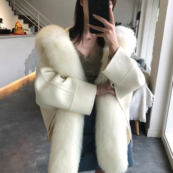 ZABRI's Newest design ladies autumn winter luxury fashion women's hooded cloak fur collar cashmere wool coat